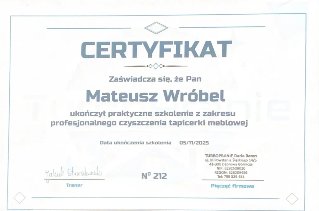 Certyfikat ukończenia szkolenia z prania tapicerki meblowej