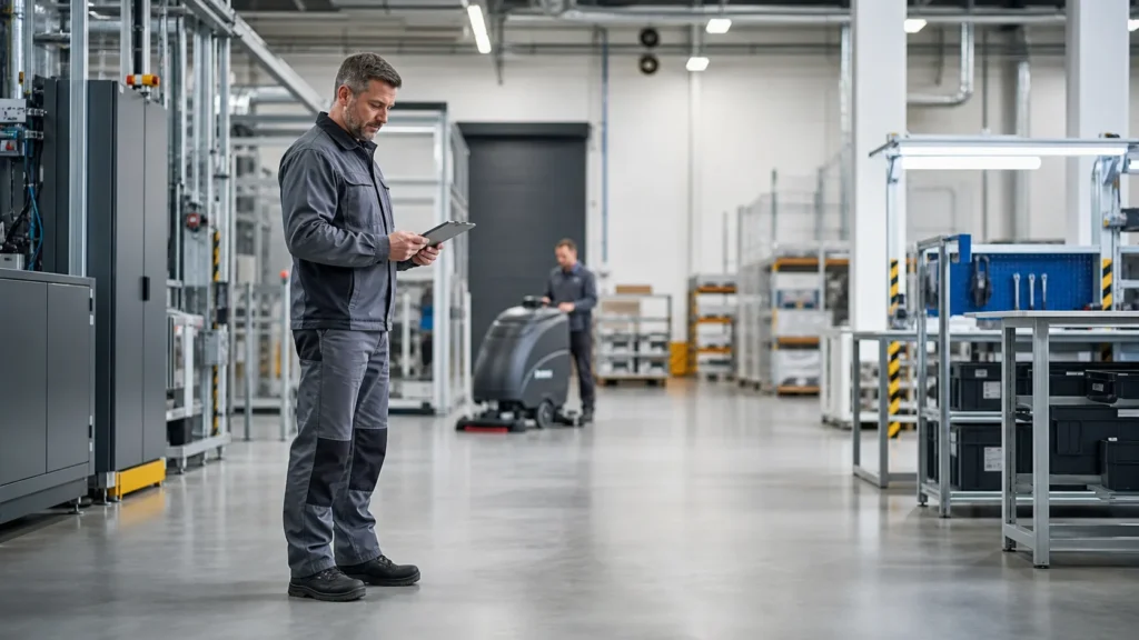 Kontrola czystości technicznej w hali firmowej z czystą posadzką i sprzętem sprzątającym