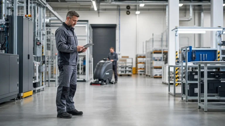 Kontrola czystości technicznej w hali firmowej z czystą posadzką i sprzętem sprzątającym