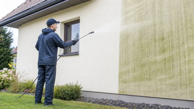 Soft wash elewacji z zielonym nalotem wykonywany niskim ciśnieniem